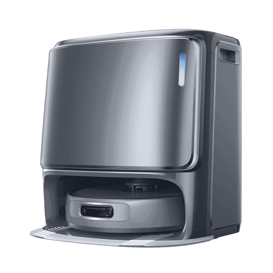 Grå Narwal Freo Z 10 Ultra robotdammsugare i vinkelvy, visar självrengörande dockningsstation och modern hushållsteknik.