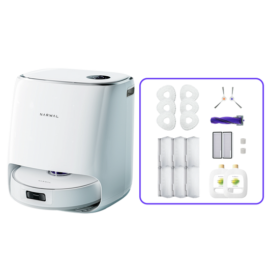 Narwal Freo X Ultra robotdammsugare med tillbehörskit combo för kraftfull rengöring i hemmet, inklusive moppar, filter och rengöringsmedel.