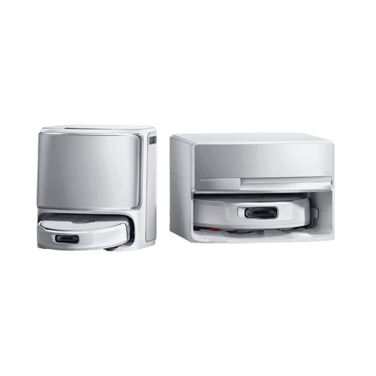 Narwal Flow - Smart golvrengörare i silvervitt med dockningsstation, perfekt för dammsugning och moppning i hemmet.