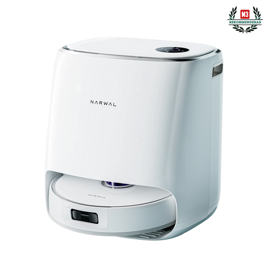 Narwal Freo X Ultra robotdammsugare med 8200 Pa sugkraft och självrengörande station, rekommenderad av M3 för effektiv golvrengöring.